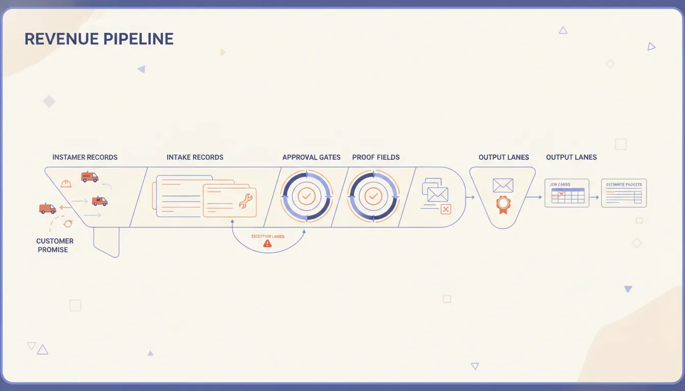 An operator planning table with one customer promise, intake records, approval gates, exception lanes, and proof fields arranged as an AI agent workflow map