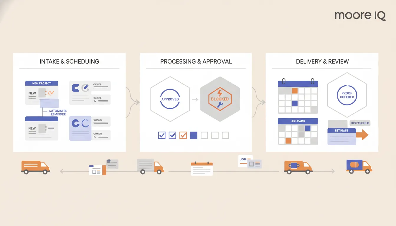 A physical operations board where inbox requests, CRM records, and form submissions are sorted into owner, approval needed, blocked, and done lanes