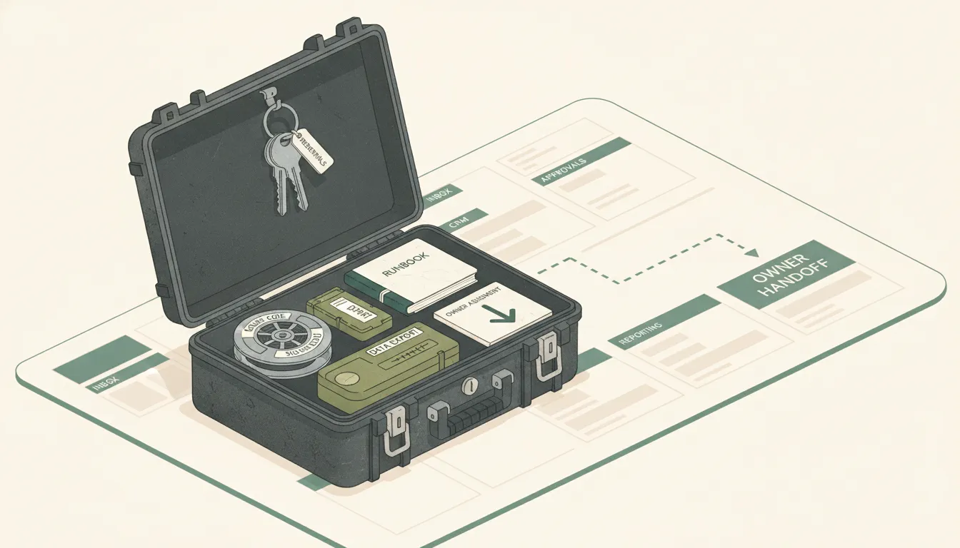 An open handoff case containing source code, data exports, credential keys, an operating runbook, and a named owner card