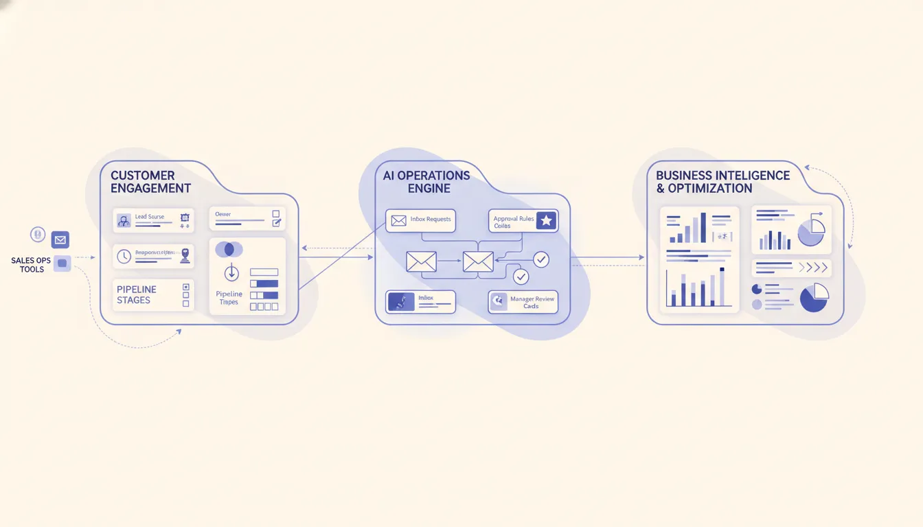 An executive operations table where CRM records, inbox requests, approval rules, and manager review cards are arranged as one AI operating system map for a growing service business