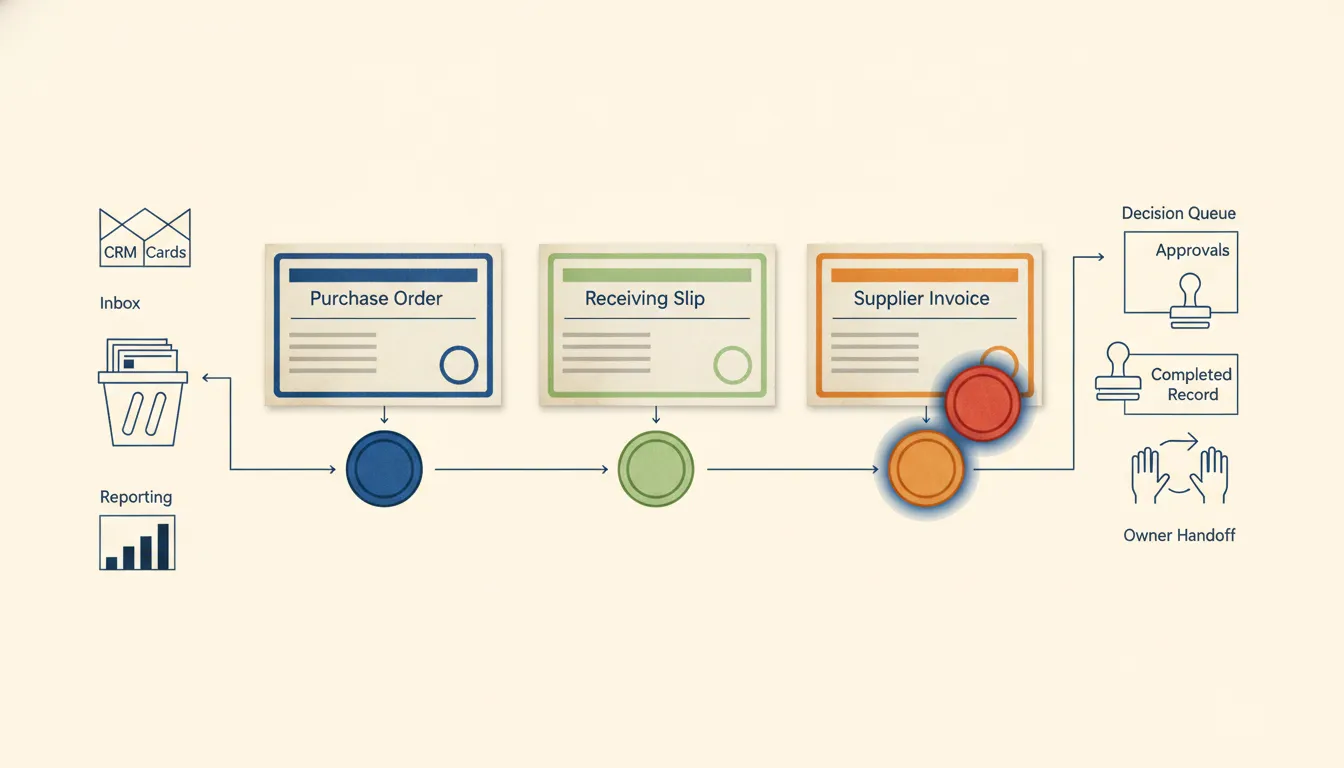Purchase order, receiving record, and supplier invoice aligned for a three-way match with one visible variance