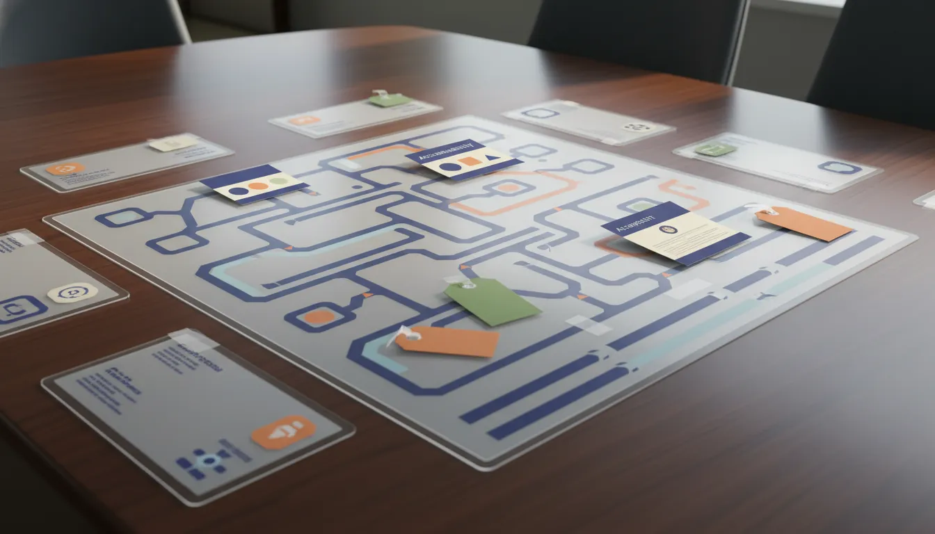 A tabletop owner and system-of-record map showing who owns each revenue handoff, where the record lives, and which exceptions require manager review