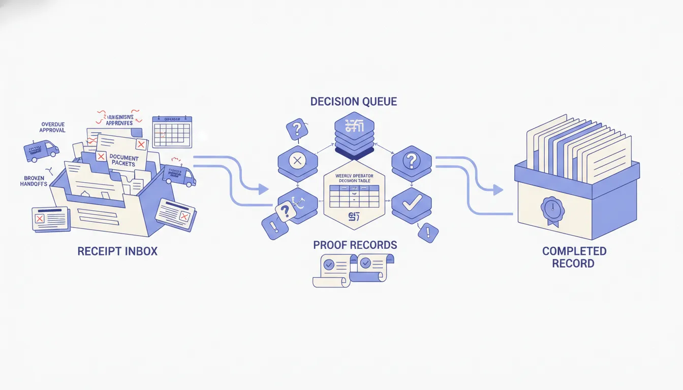 Business process exception review packet with overdue approvals, broken handoffs, proof records, and weekly decision table
