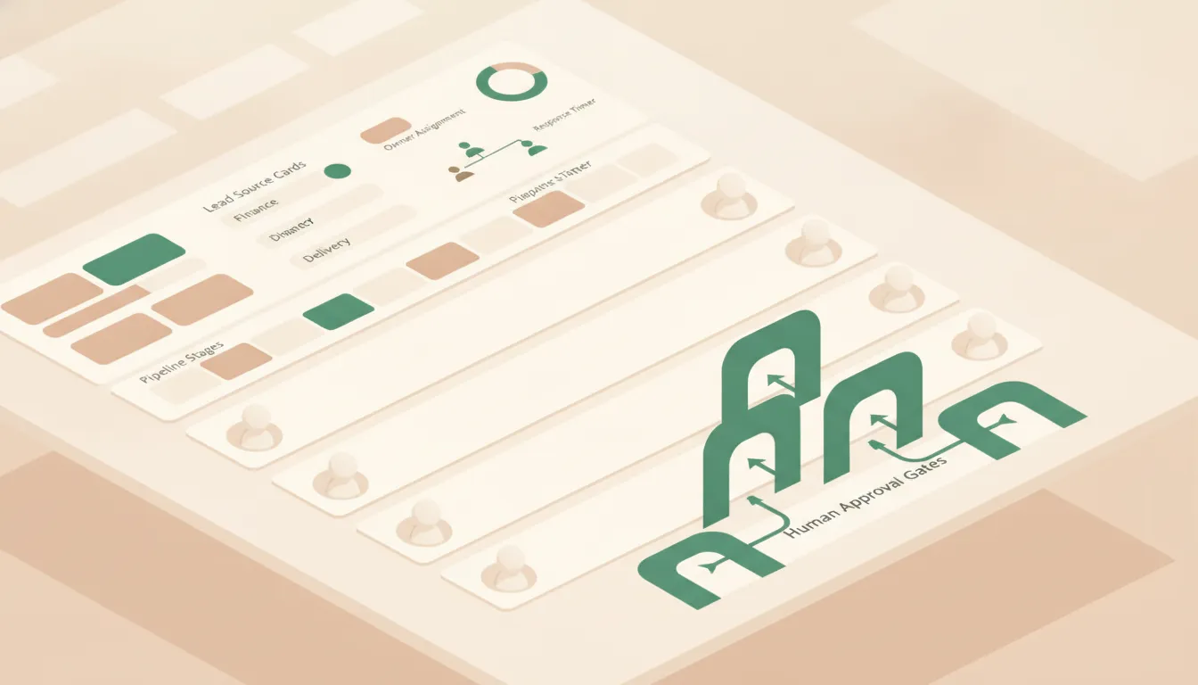 Business process owner map across CRM, finance, delivery, reporting, and human approval gates