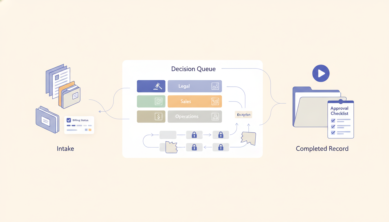 Contract approval lane diagram with legal, finance, sales, and operations owners moving exceptions through gated review