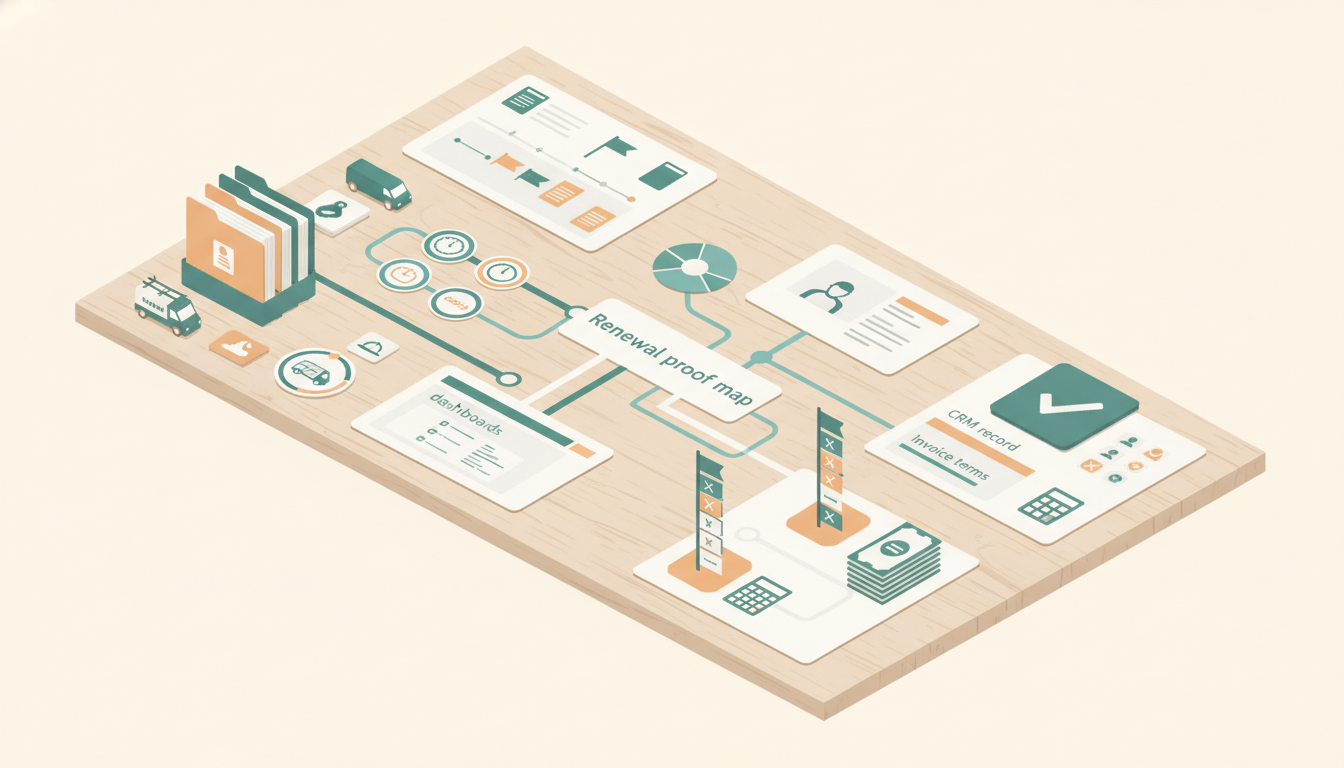 Renewal proof map with contract folders, calendar triggers, CRM records, invoice terms, and escalation checklist connected for operator review