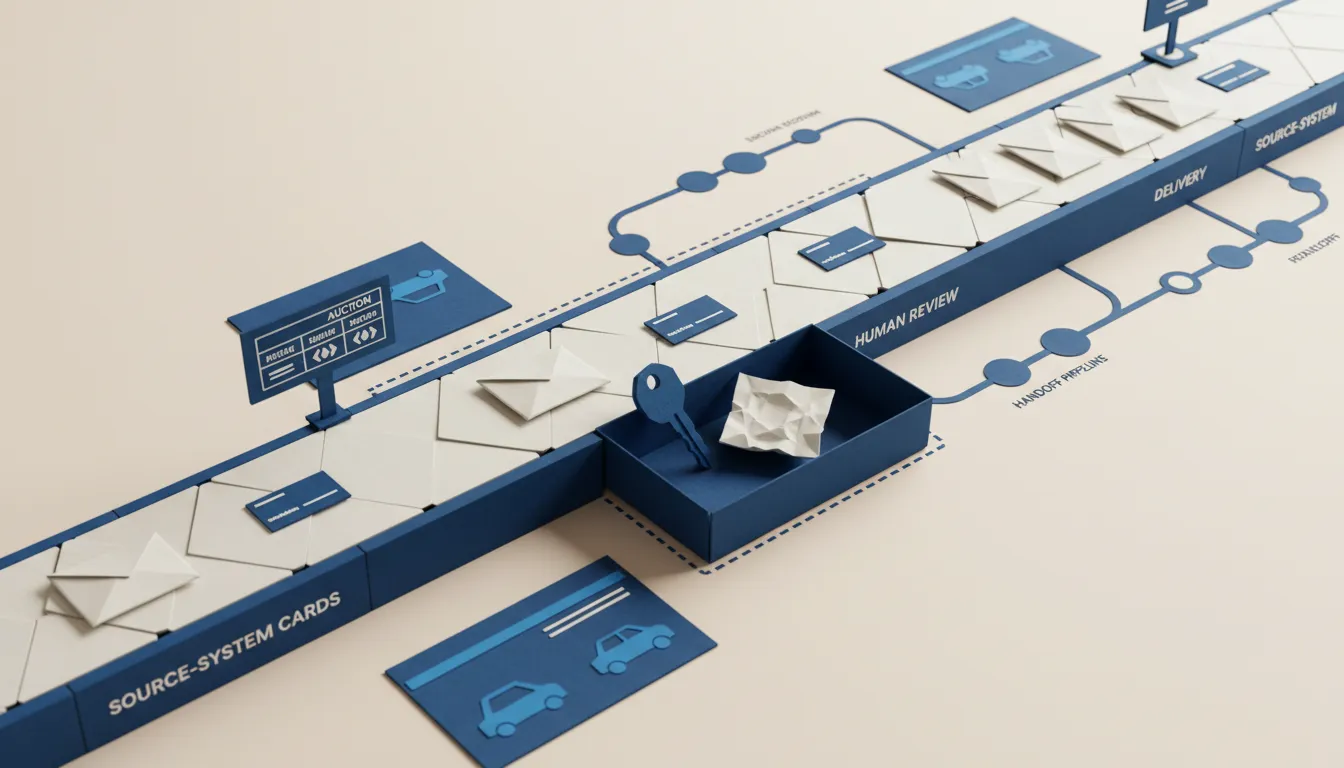 Deal packets moving toward delivery while one uncertain packet is diverted into a human review tray