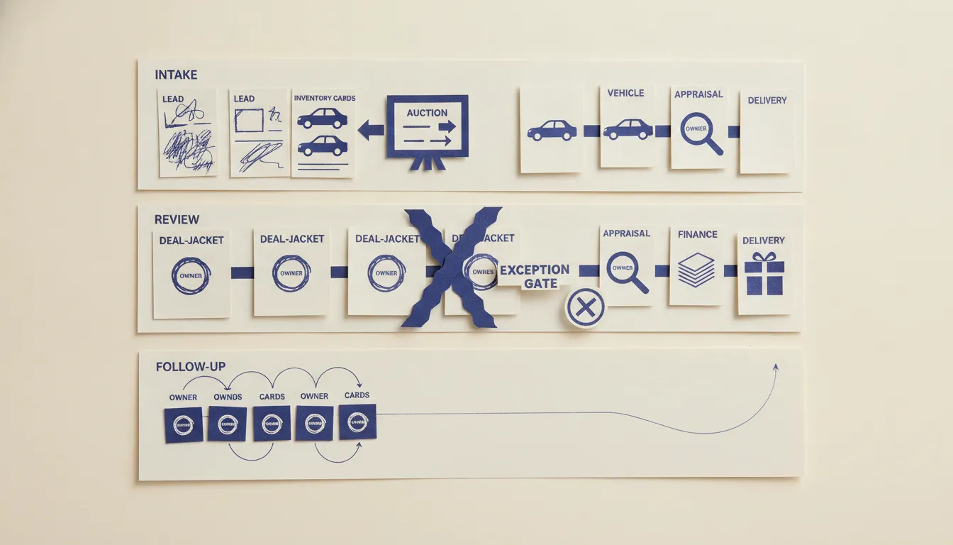 Dealership deal jackets, vehicle keys, owner cards, and an exception gate arranged from inquiry through delivery