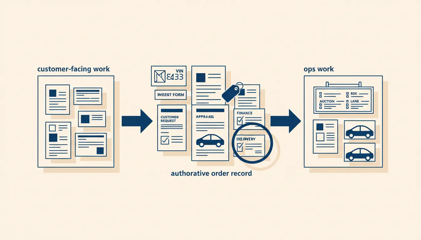 Dealer order record represented by a deal jacket, VIN card, vehicle key, appraisal sheet, finance checklist, and delivery slot