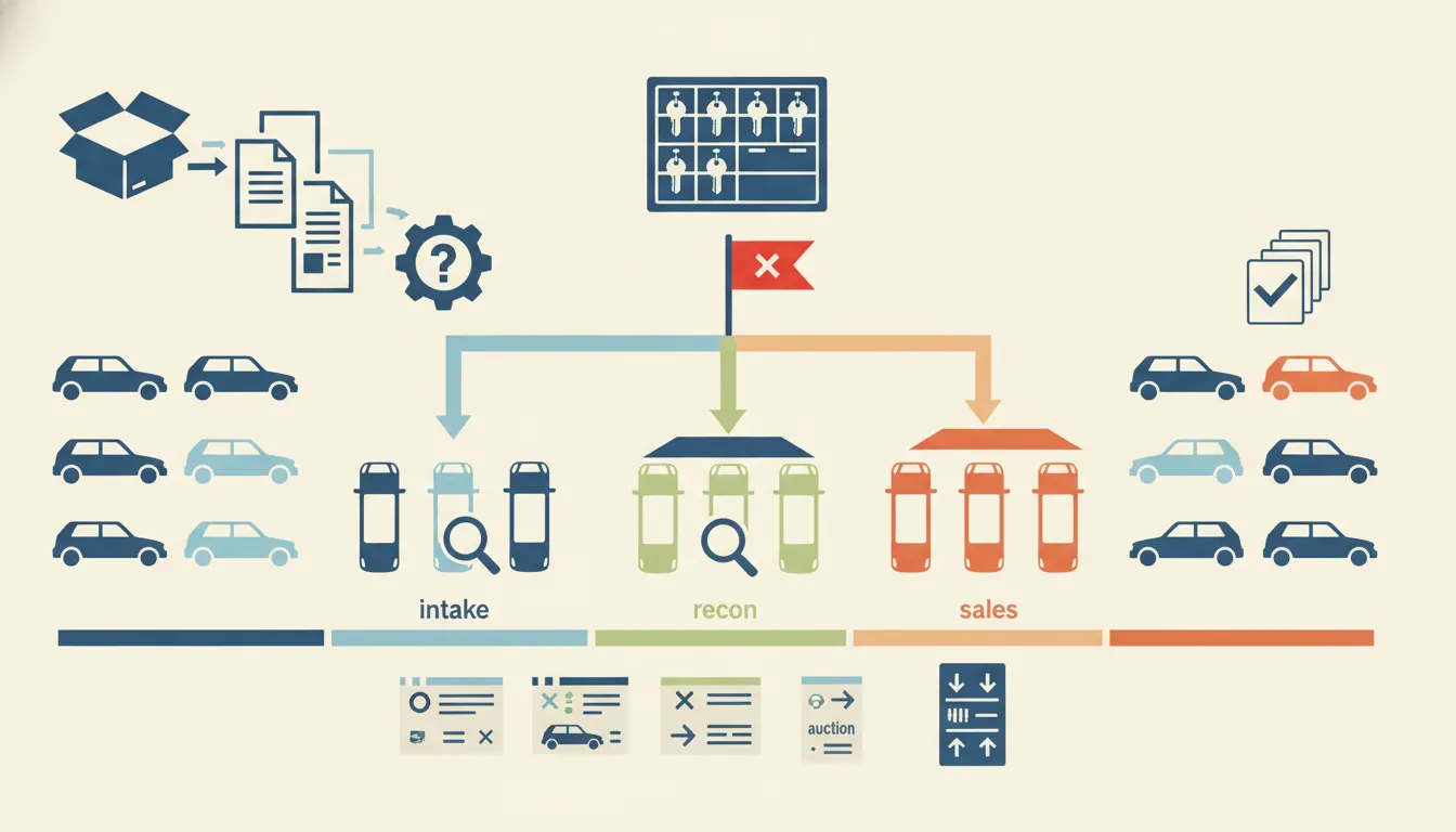 Independent used-car dealership lot showing vehicle flow, key control, owner handoffs, and an exception stop