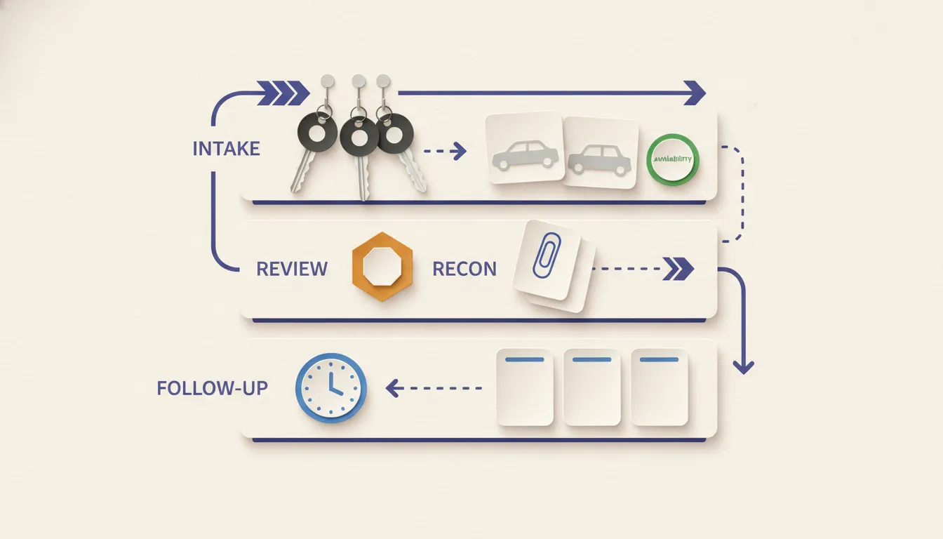 Dealer lead and inventory control flow using vehicle keys, availability status, recon review, and follow-up timing