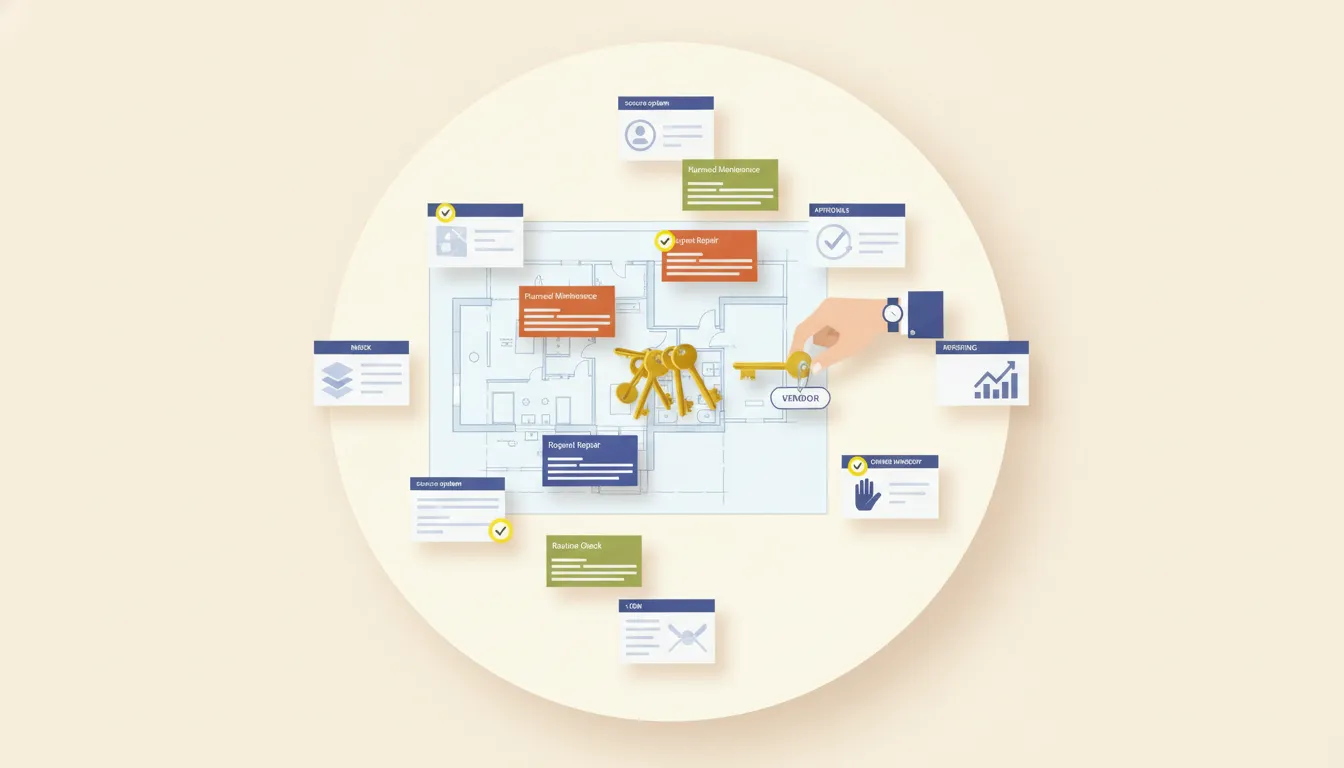 Facility operations table with a building floor plan, work-order cards, inspection tags, and a controlled vendor key handoff