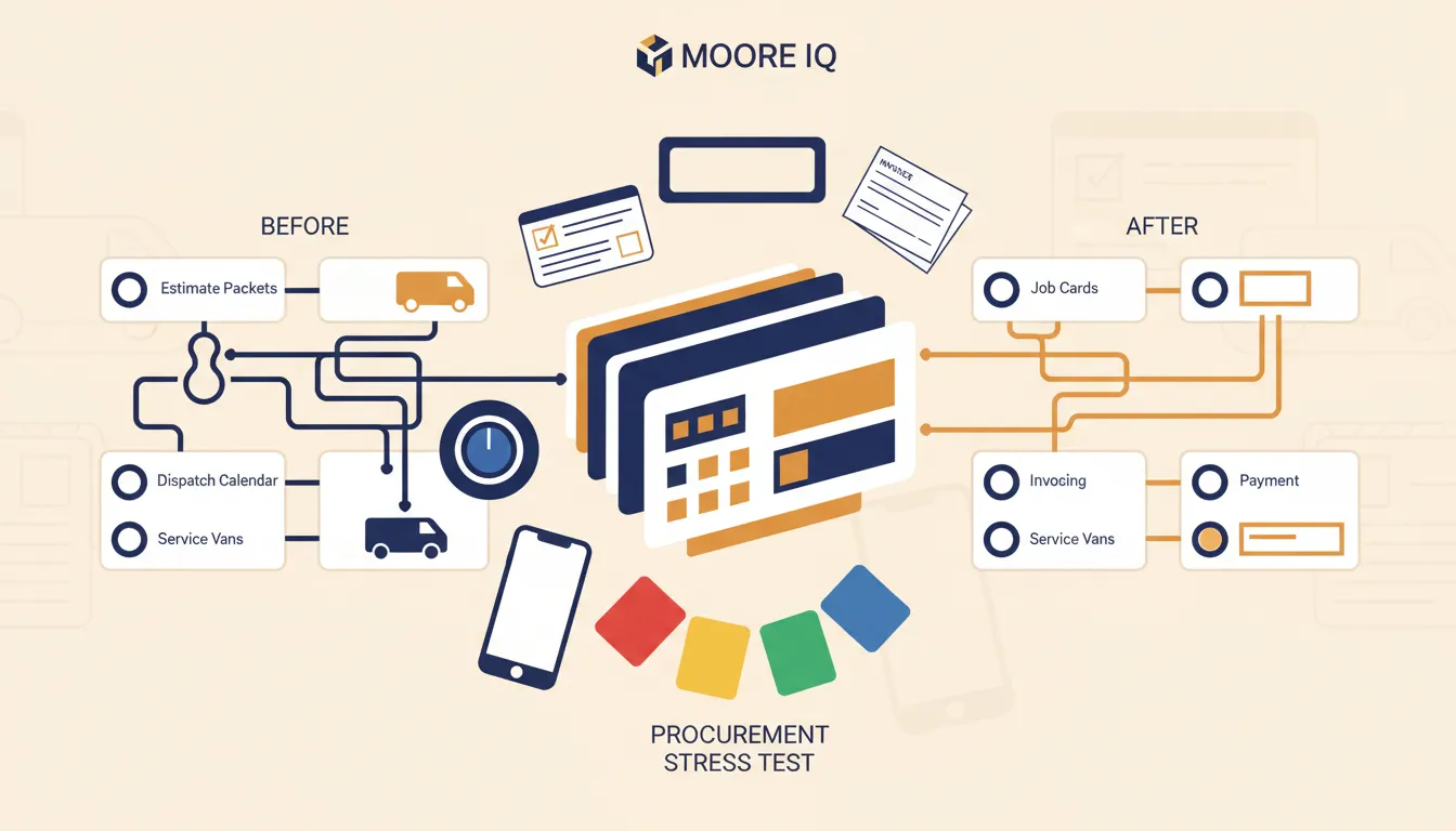 A rugged field service software buying test case containing a timer, offline phone, safety checklist, invoice slip, stop switch, and exception cards