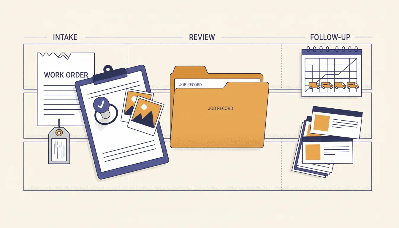 A field service workbench where a work order, asset tag, technician clipboard, approval stamp, and evidence card converge on one trusted job folder