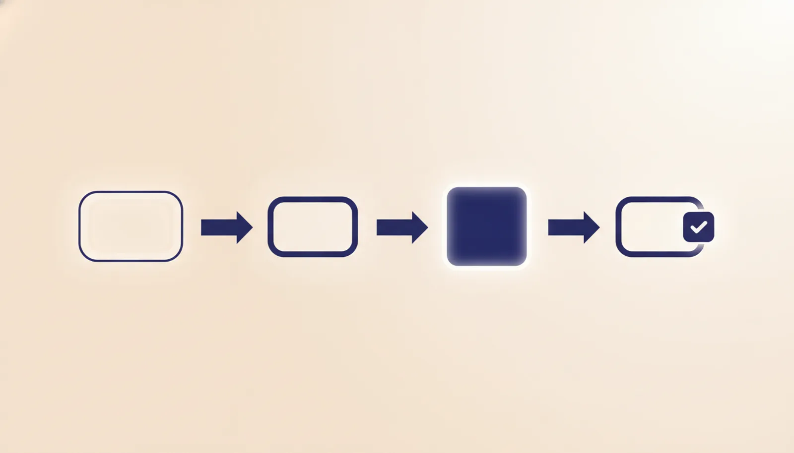 Editorial illustration of an AI agent architecture, four labeled boxes connected left to right, trigger then context loader then model then post-processor, calm B2B atmosphere, indigo accent on warm off-white, isometric flat geometric, no people, no text, no logos