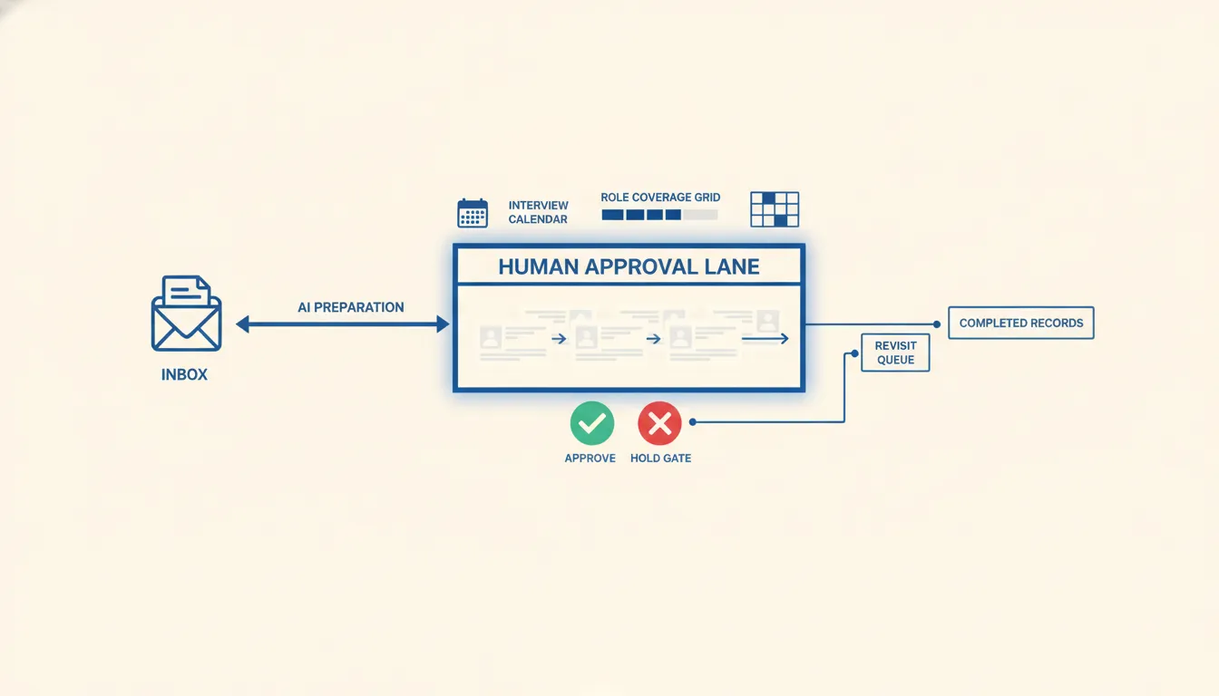 Recruiter reviewing AI prepared candidate packets before outreach, disposition, or hiring manager submission