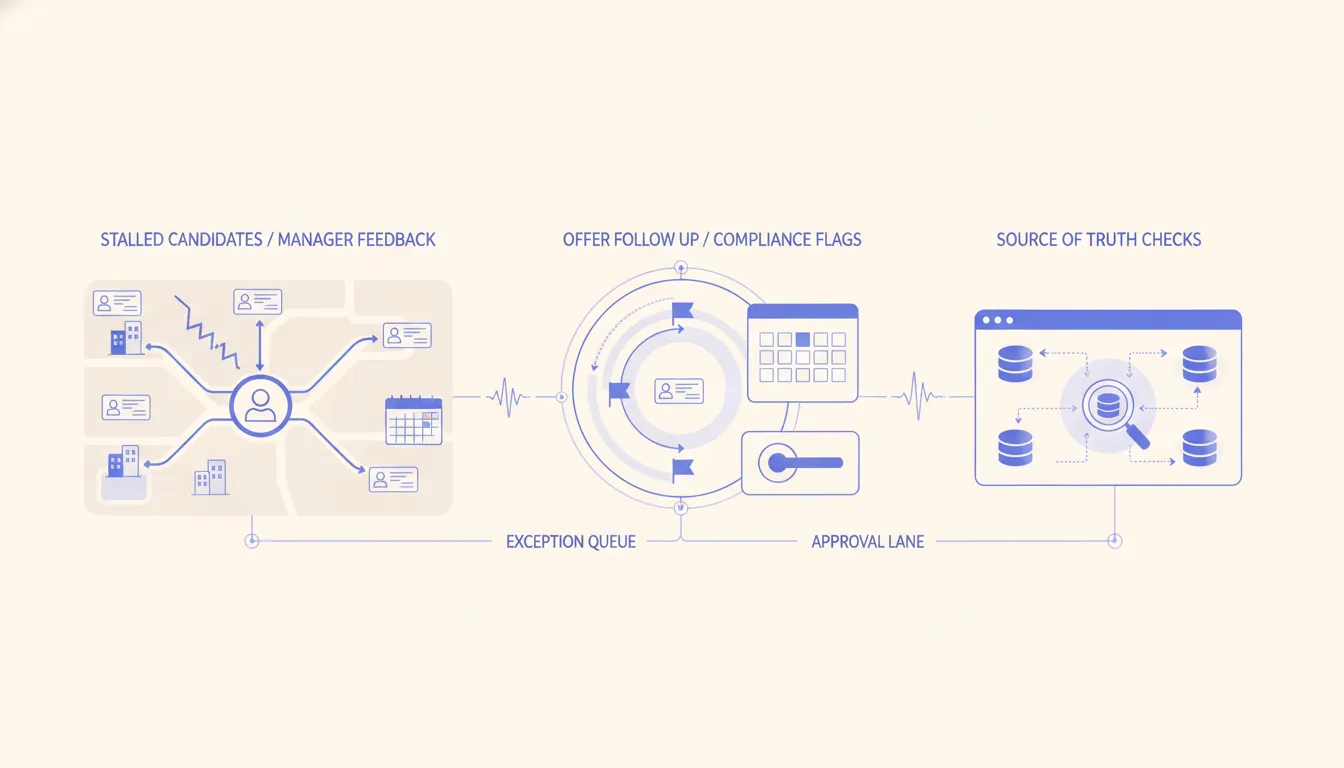 HR exception queue with stalled candidates, missing manager feedback, open offers, compliance flags, and source-of-truth checks