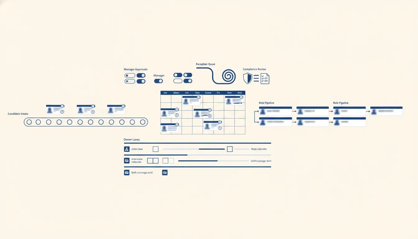 HR automation control room with candidate intake, manager approvals, exception queues, and compliance review lanes