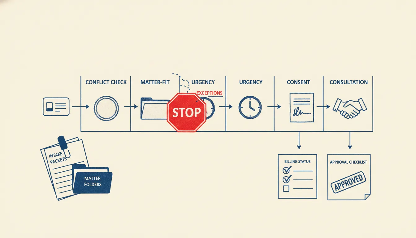 A legal intake control graphic showing matter-fit, conflict, urgency, consent, consultation, and exception gates