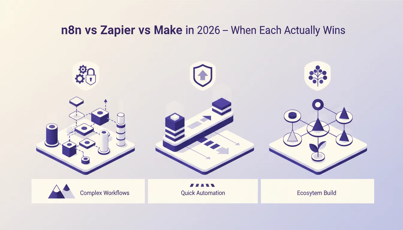 Branded operations map for n8n vs Zapier vs Make in 2026, When Each Actually Wins