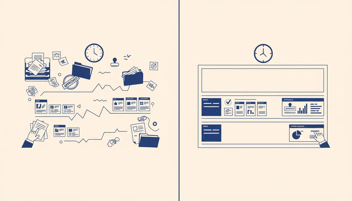 Office management system shown as a physical operator desk with intake, approval, timing, and work lanes