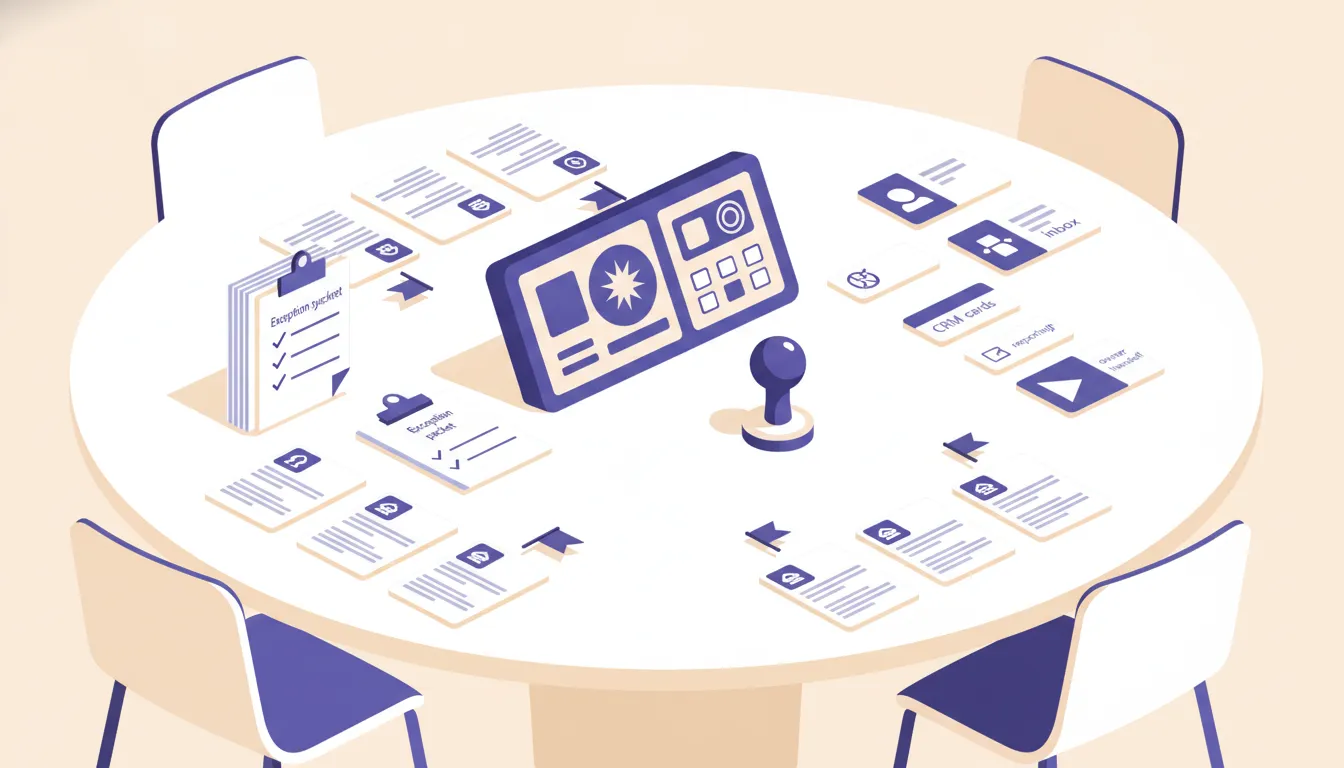 Weekly office operations review with an exception packet, checklist, and approval stamp