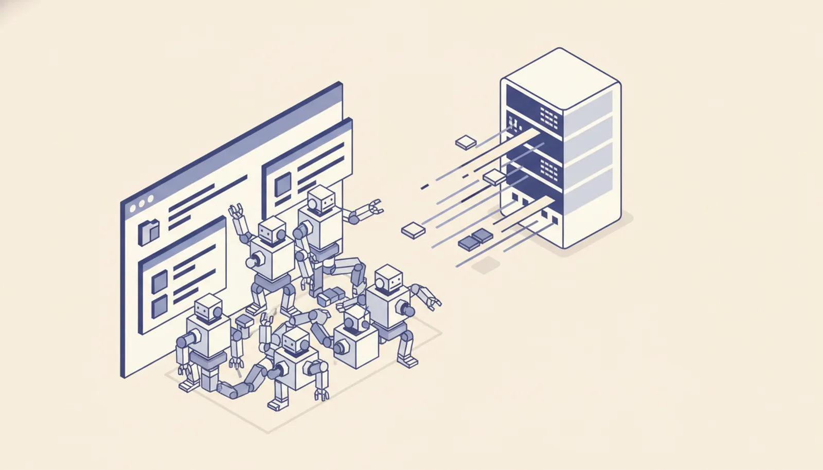Editorial illustration of single-session RPA bots fighting for screen time while a server-side queue runs parallel work in the background