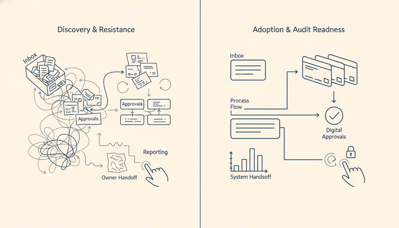 Implementation roadmap showing three-phase rollout with discovery, resistance period, and full adoption