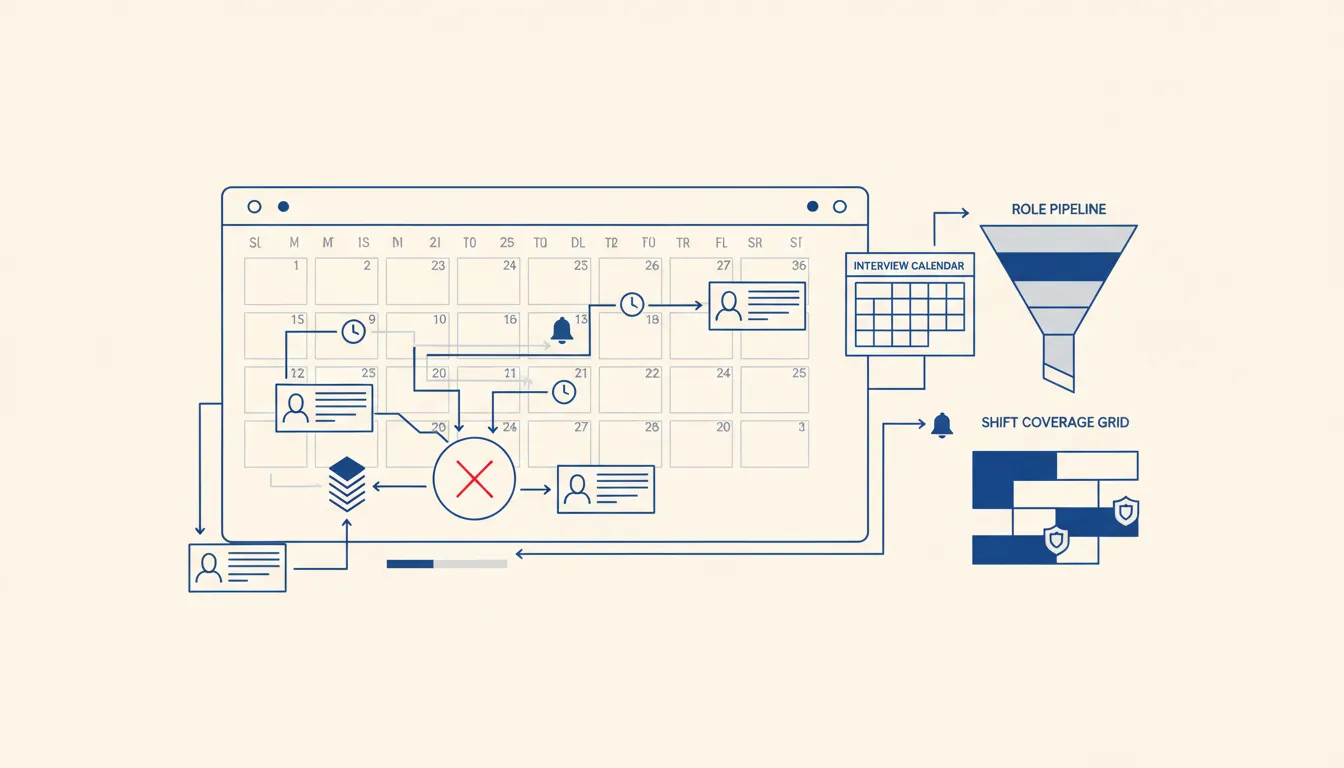 Recruiting operations board showing candidate ownership, review gates, and next-action queues