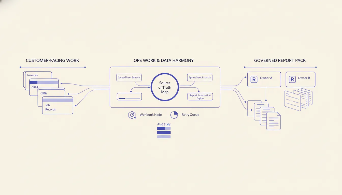 Source-of-truth map showing invoices, CRM records, job records, and spreadsheet extracts feeding a governed report pack