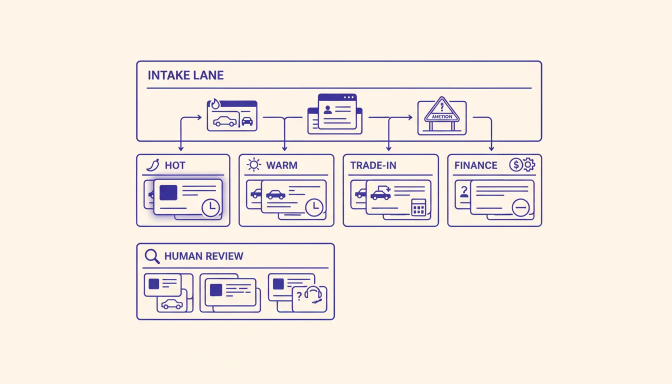 Dealer CRM routing lane with lead source cards moving into hot, warm, trade-in, finance, and human review trays