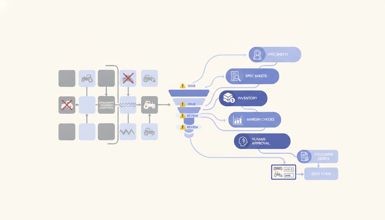 Equipment dealer CPQ mismatch map with incomplete specs flowing into inventory, margin, and human approval checks