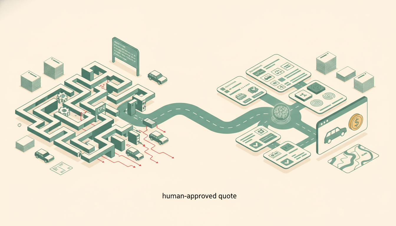 Equipment dealer quote workflow split between a rigid CPQ maze and a human-approved quote path