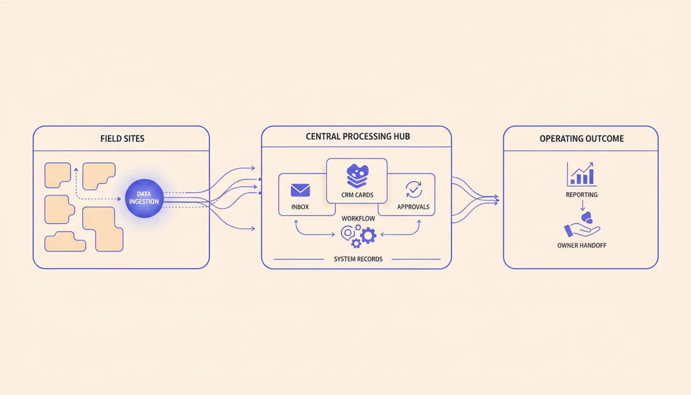 A split operations workshop showing scattered requests and system records becoming one operating promise with approval and exception gates