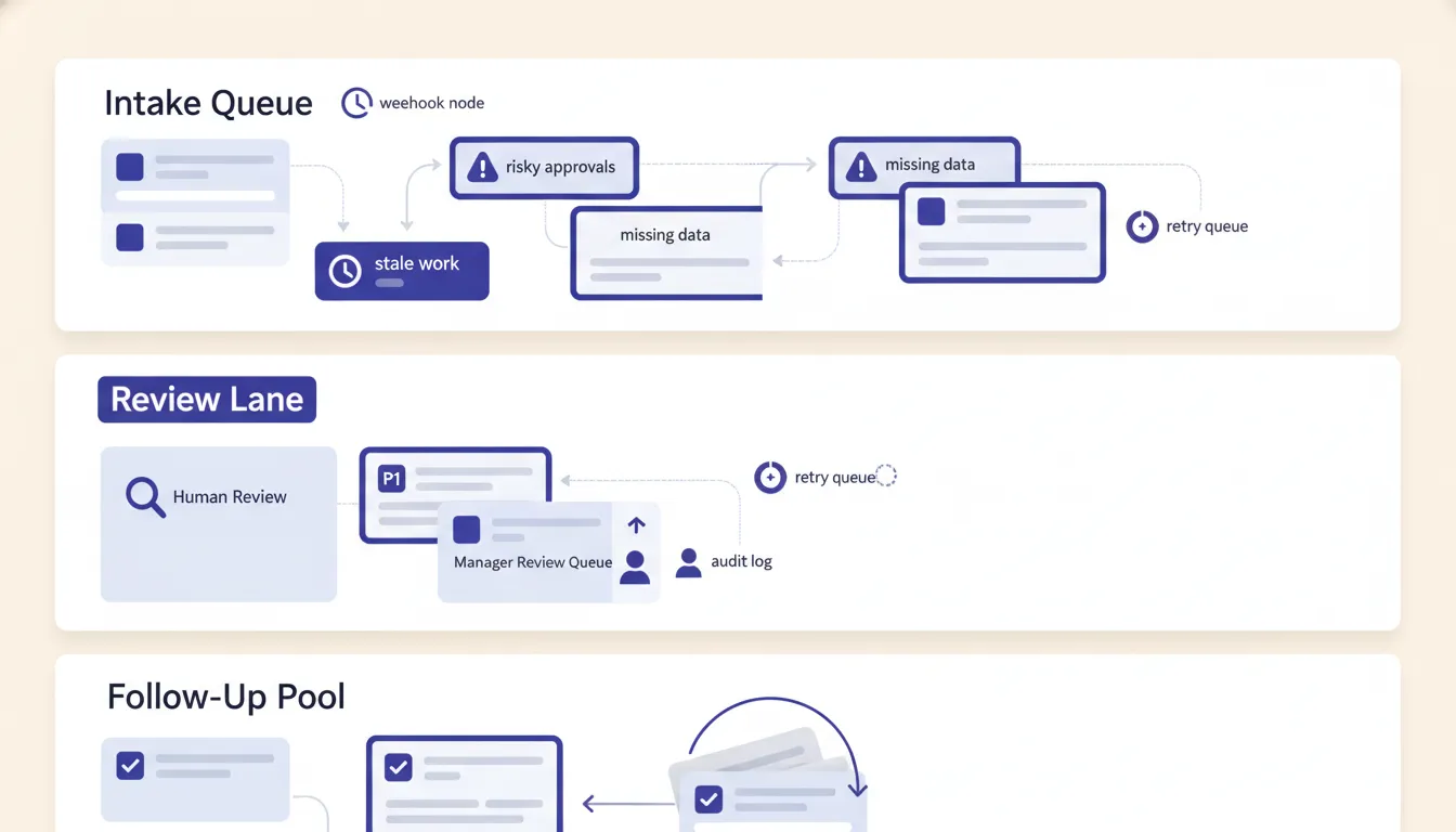 An exception lane that pulls stale work, risky approvals, missing data, and mismatched statuses into a manager review queue